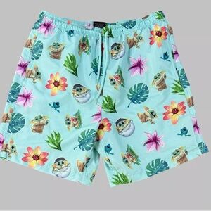 Star Wars Men's Aqua Swim Shorts with Floral and Character Print. Size M
